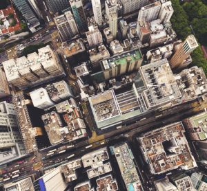 City skyline illustrating smart cities and mobility